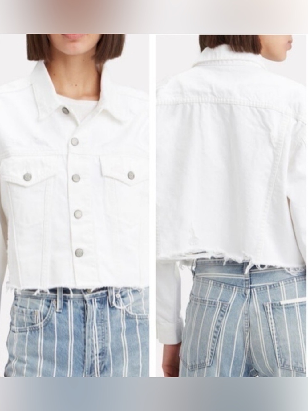 Boyish Distressed Cropped White Denim Jacket